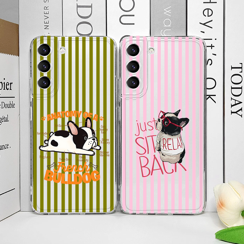 Phone Cases Samsung A14 - Pink Striped Cute Pug Dog French